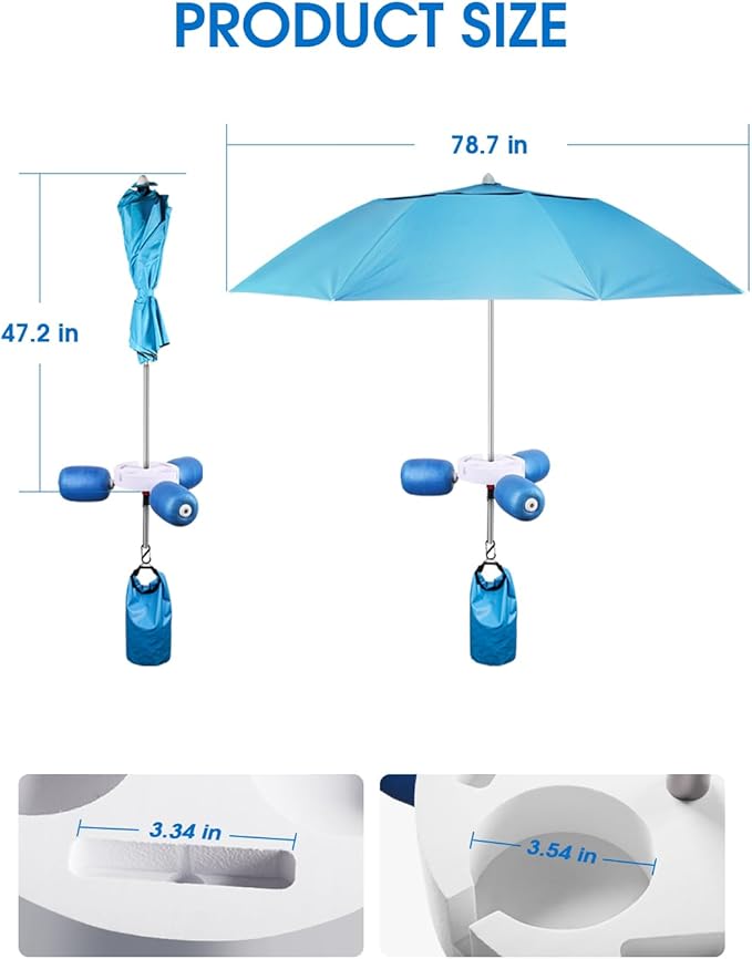 Floating Pool Umbrella 6.6ft - Portable UV Sun Shade Canopy with 3 Drink Holders, Stability Anchor Bag & Secure Floating Design - In-Water Use for Swimming Pools, Lakes, Beach and Outdoor Leisure