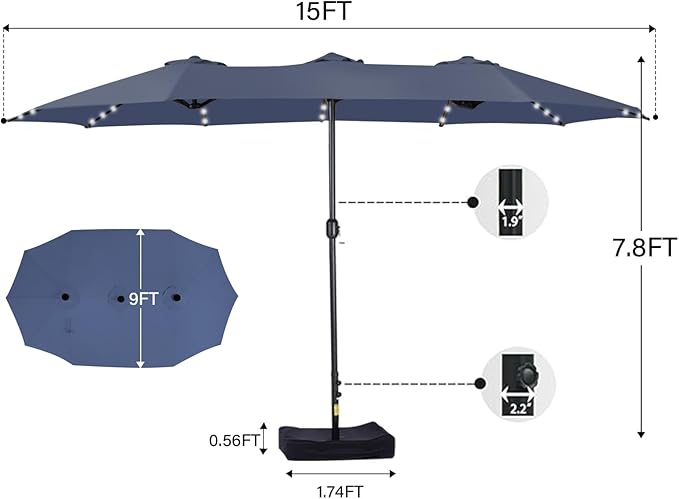 15ft Double Sided Patio Umbrella with Solar Lights, Outdoor Large Umbrellas with Crank Handle and 36 LED Lights, Rectangular Market Umbrella with Base Included for Deck Pool Shade (With Base)