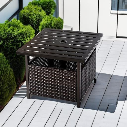 Giantex Outdoor Side Table with Umbrella Hole, 22" Wicker Umbrella Stand Holder and Base, Weather-Resistant PE Rattan Patio End Table for Deck Garden Poolside, Mix Brown (Metal Tabletop)