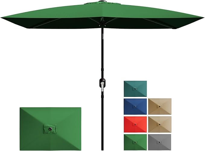 Garvee 10' x 6.5' Rectangular Patio Umbrella, Outdoor Table Umbrella with Crank and Push Button Tilt, Market Umbrella Sun Umbrella with 6 Sturdy Ribs Tilt for Garden, Deck, Lawn, Pool -Dark Green