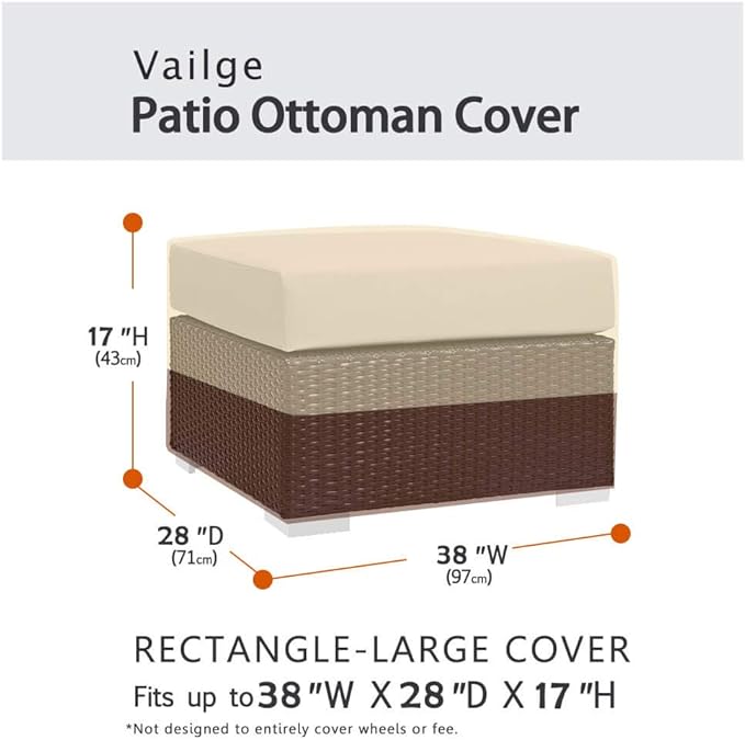 Vailge Rectangle Patio Ottoman Cover, Waterproof Outdoor Ottoman Cover with Padded Handles, Patio Coffee Table Cover, Heavy Duty Patio Furniture Covers (Large,Beige & Brown)
