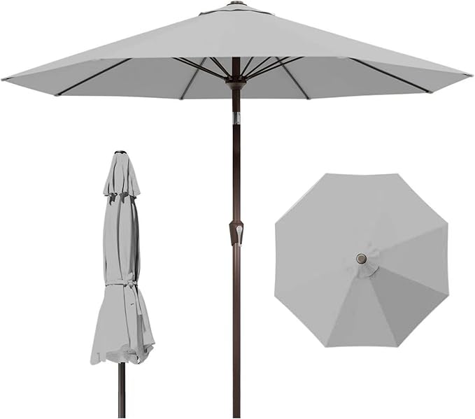 9ft Patio Umbrella with Push Button Tilt and Crank,Outdoor Market Table Umbrella UV Protection 8 Sturdy Ribs for Backyard,Garden,Pool,Deck(Light Gray)