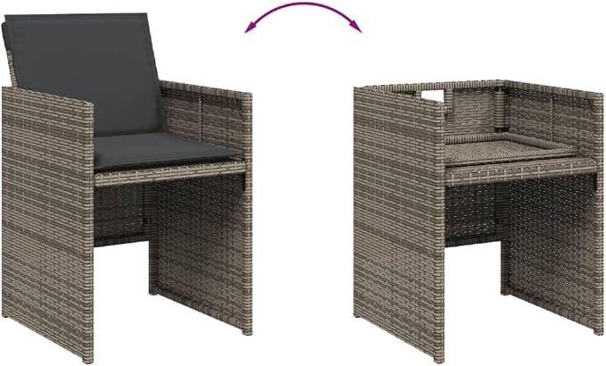 5 Piece Patio Dining Set with Cushions Gray Poly Rattan Outdoor Table and 4 Chairs Folding Backrest Acacia Wood Top Weather Resistant for Garden Backyard Deck Porch Entertaining Relaxing