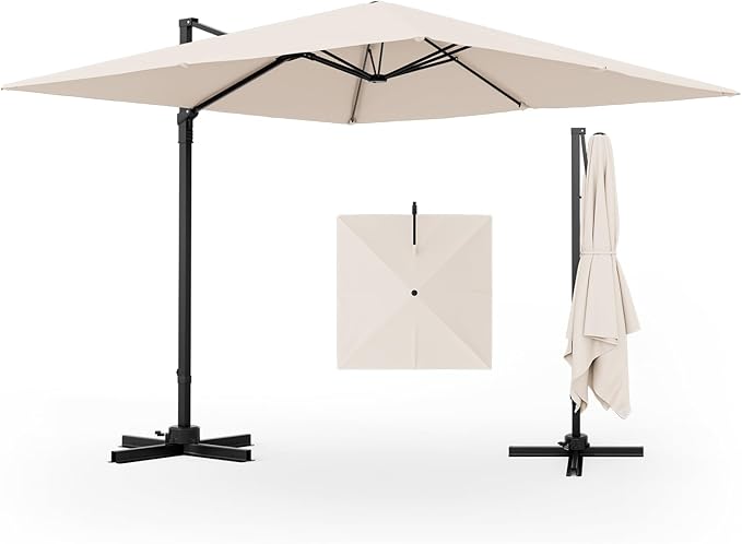 Tangkula 9.5 FT Cantilever Patio Umbrella, Outdoor Square Offset Umbrella with 360° Rotation, Heavy Duty Patio Hanging Umbrella with Cross Base for Garden Deck Pool Backyard (Beige)