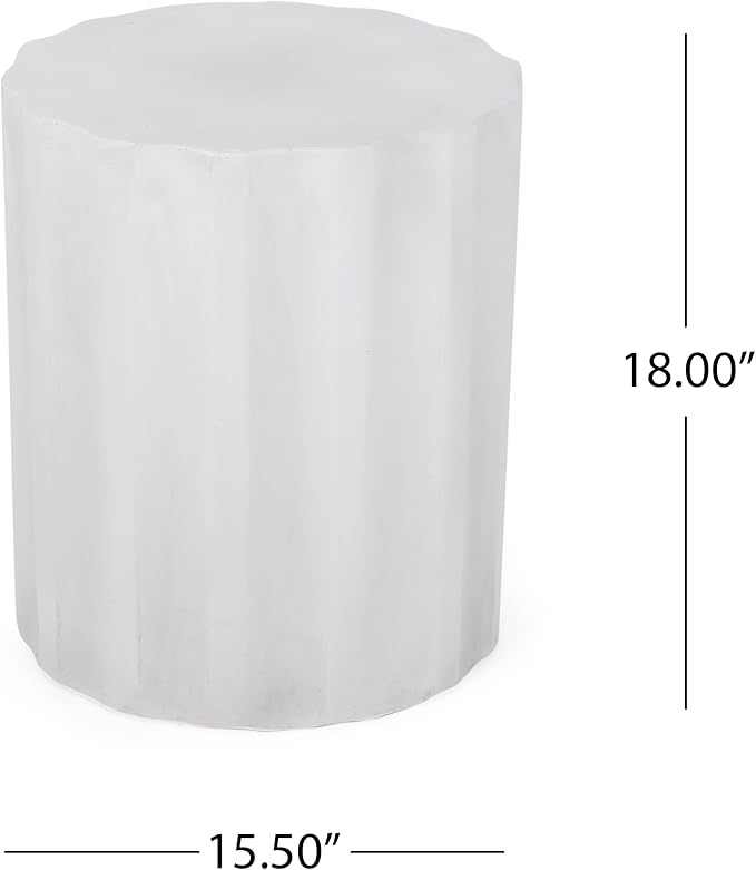 Concrete Side Table Outdoor Faux Stone End Table, Round Outdoor Accent Tables Patio Garden Stool Plant Stand for Porch, Backyard Patio Cylinder, White-Stripe