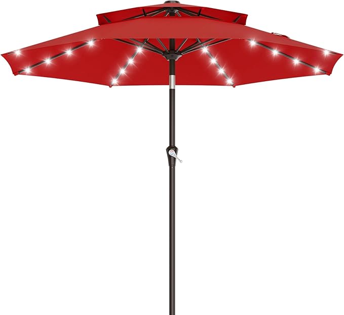 AreShark 9ft 2 Tiers Patio Umbrella with Solar Lights, Outdoor Umbrella w/ 32 LED Lights&8 Sturdy Ribs, Table Umbrella for Deck, Backyard, Pool(Red)
