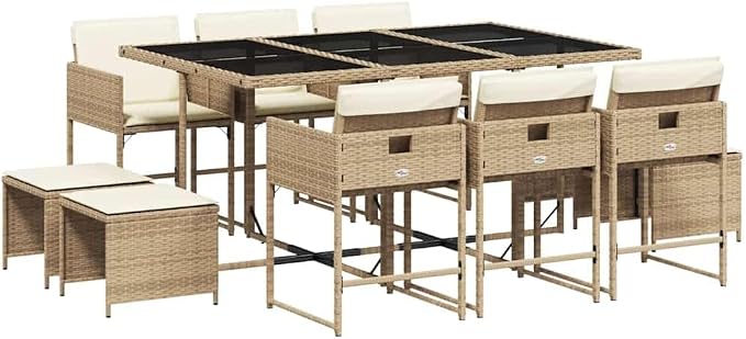 11 Piece Patio Dining Set with Cushions Beige Poly Rattan Outdoor Furniture Table and 6 Chairs with 4 Stools Foldable Space Saving for Garden Backyard Relaxing