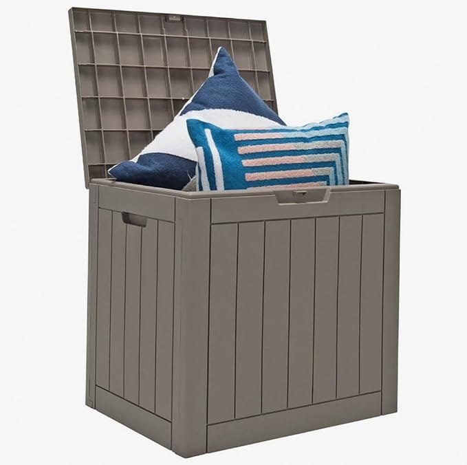 Light Brown 30-Gallon PP Woodgrain Deck Box Outdoor Storage Seat with Waterproof Lid, 22x17x21in for Patio
