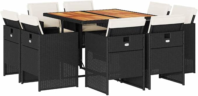 9 Piece Patio Dining Set with Cushions Black Poly Rattan Outdoor Rattan Furniture Set for Garden Backyard Dining Including 8 Folding Chairs and Acacia Wood Table UV-Proof Weather Resistant