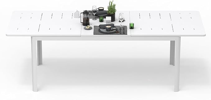 Domi Patio Dining Expandable Table, Metal Aluminum Outdoor Table for 6-8 Persons, Rectangular, Ivory White