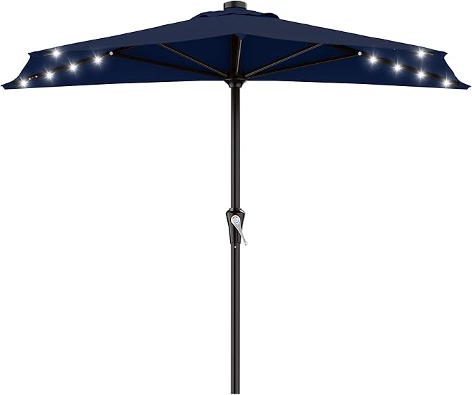 AreShark 9ft Patio Half Umbrellas with Solar Lights, 1/2 LED Half Outdoor Umbrella w/ 20 LED Lights, Lighted Table Wall Umbrella with Crank & 5 Sturdy Ribs for Market, Pool, Deck, Lawn and Garden, Navy