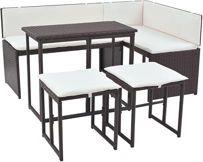 5-Piece Outdoor Furniture Set, Brown Poly Rattan Modular Patio Dining Group with Cream White Cushions for Garden and Terrace, 4-Person Seating Arrangement