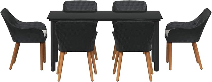 7 Piece Garden Dining Set, Black Poly Rattan Patio Furniture with Tempered Glass Table and Comfortable Cushions for Backyard Terrace