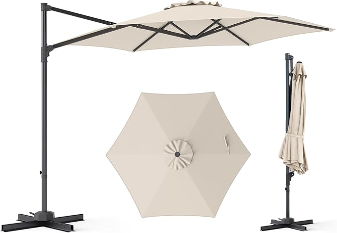 Tangkula 10FT Patio Umbrella, Offset Cantilever Outdoor Umbrella with 360 Degree Rotation, Air Vent, Cross Base for Pool Deck Garden Backyard (Beige)