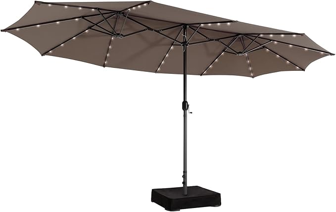 Giantex Large Outdoor Umbrella Double-Sided, 48 Solar Lights, Auto-Charging Solar Panel, Extra Large Patio Umbrella with Base and Crank, Outdoor Market Umbrellas for Poolside Garden