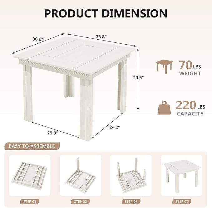 KINGYES 8-Piece HDPE Outdoor Dining Set for 6, Square Patio Table & Armless Chairs with Umbrella Hole, All-Weather Patio Dining Set for Backyard, Garden, Lawn & Poolside, White