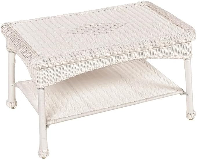 Pemberly Row Wicker Patio Coffee Table, 30" W x 18" D x 17" H, All-Weather Resin Surface, UV-Resistant, White Finish, Steel Frame, Lower Shelf, Durable Outdoor Table for Patio or Garden Use
