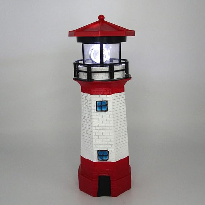 NINEFOX Solar Lighthouse Outdoor Solar Rotating LED Lighthouse Light Waterproof Lighthouse Statue Decorative LED Rotating Lamp for Garden Landscape Outside Yard(Red)