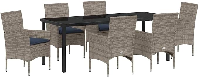7-Piece Outdoor Dining Set, Grey PE Rattan Patio Table and 6 Chairs with Cushion, Garden Furniture for Backyard, Deck, and Balcony