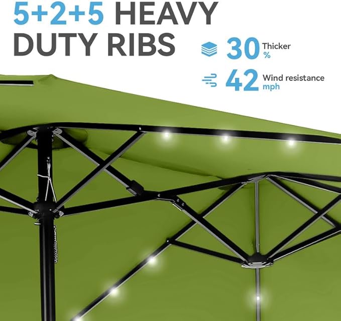 GREEN PARTY 15 ft Large Outdoor Patio Umbrella with Solar Led Lights & Base Included, Double-Sided Rectangular Table Umbrella with Stand, Market Umbrellas for Deck Poolside Garden Backyard, Lime Green