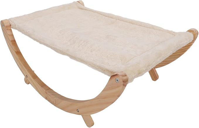 Wooden Cat Hammock, Elevated Cat Swing Bed with Removable Cushion, Foldable Breathable Anti Slip Design for Cats Puppies Rabbits, All Seasons Indoor Outdoor Pet Lounger