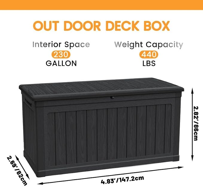 230 Gallon Outdoor Storage Deck Box - Waterproof Resin with Lock, Heavy Duty Storage for Patio Furniture, Cushions, Garden Tools & Pool Equipment