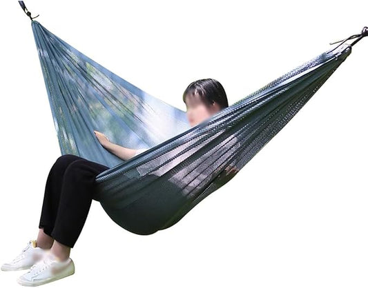 Summer Breathable Ice Silk Hammock, Outdoor Portable Double Hanging Bed, Park Leisure Swing with Straps, Load Bearing 300kg/661.4lbs(Blue-Grey)