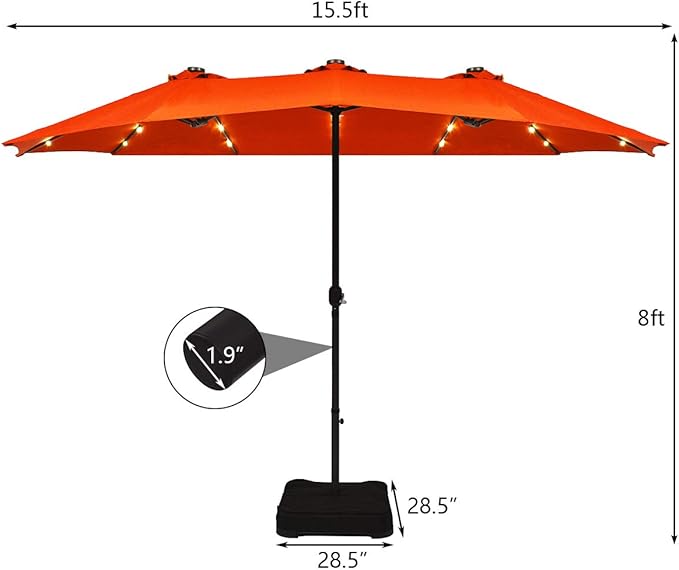 Tangkula 15 Ft Solar Patio Umbrella with Base, Extra Large Outdoor Double-Sided Twin Umbrella with 36 LED Lights & Crank Handle for Garden, Deck, Poolside, Patio (Orange)