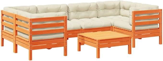 7 Piece Patio Sofa Set with Cushions, Front Porch Furniture Outdoor Sofa Sets Patio Conversation Set Outdoor Dining Sets for Negotiation Area Poolside Garden Piazza Wax Brown Solid Wood Pine