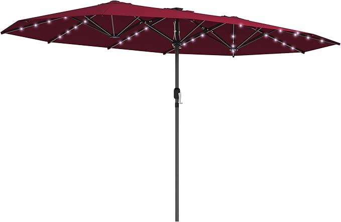 Outsunny 14.8ft Double Umbrella, Large Outdoor Patio Sun Shade with LED Solar Light for Garden
