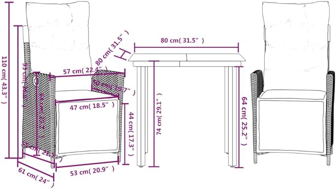 Backyard Furniture Patio Conversation Sets Outdoor Seating 3 Piece Patio Dining Set with Cushions Gray Poly Rattan Suitable for Gardens, Balconies, Decks