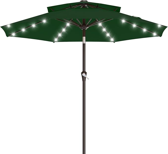 AreShark 9ft 2 Tiers Patio Umbrella with Solar Lights, Outdoor Umbrella w/ 32 LED Lights&8 Sturdy Ribs, Table Umbrella for Deck, Backyard, Pool(Dark Green)
