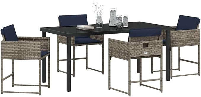 5 Piece Outdoor Garden Dining Set, Patio Furniture with Poly Rattan Chairs and Tempered Glass Table, Grey