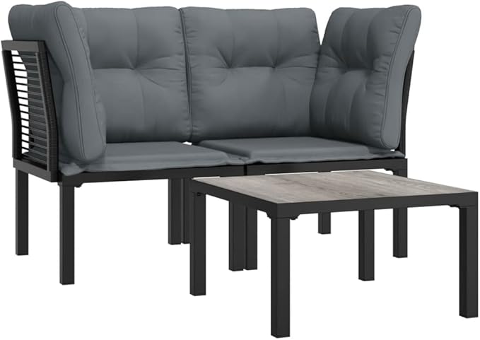 3 Piece Patio Lounge Set Black and Gray Poly Rattan, Outdoor Patio Sectional, Outdoor Sofa Set, Furniture Conversation Sets, Outdoor Porch Furniture for Balcony, Yard