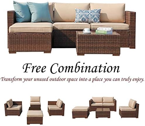 Patiorama 5 Piece Outdoor Patio Furniture Set, Outdoor Sectional Conversation Set, All-Weather Brown PE Wicker w/Beige Cushions, Outdoor Backyard Porch Garden Poolside Balcony Furniture Set
