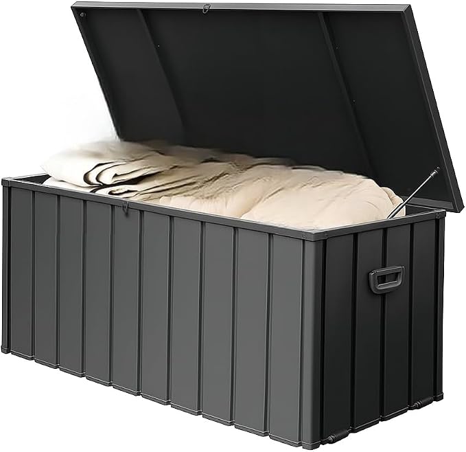LuckyNote】190 Gallon Metal Deck Box, Waterproof Steel Outdoor Box, Large Patio Furniture Storage Cabinet, Lockable Storage Bench for Porch Package Delivery,Pool, Tools, Backyard (Dark Gray)