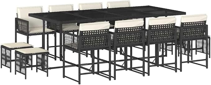 Garden Dining Set Black Poly Rattan 12-Seater Stackable with Tempered Glass Table, UV Resistant Outdoor Patio Furniture for 12 People, Space Saving Cushioned Chairs for Balcony Terrace BBQ