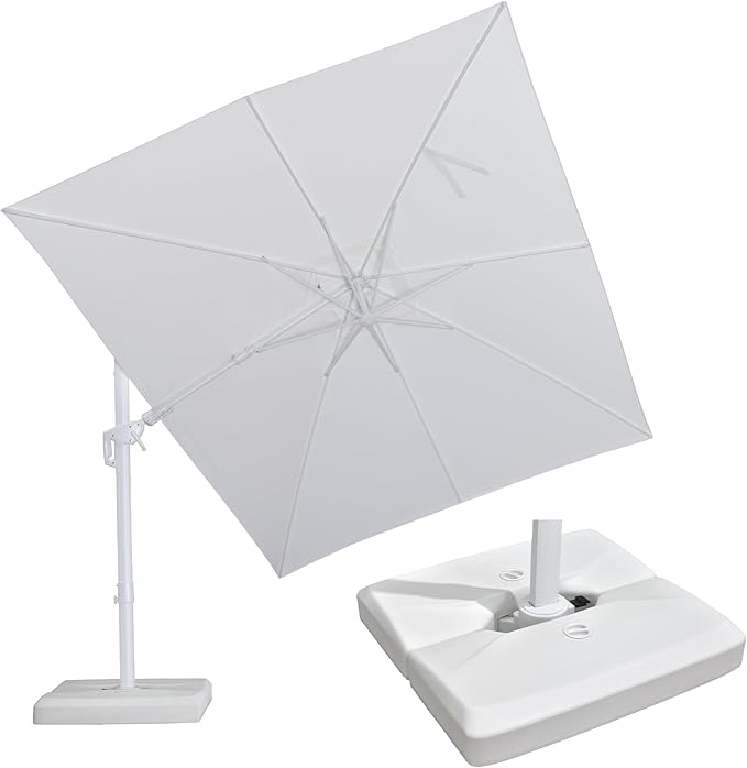 PURPLE LEAF 10 FT Right-left Tilt White Cantilever Umbrella with Base Patio Outdoor Swivel Umbrellas with Aluminum Tilt Offset Parasol with 360° Rotation for Deck Pool, White
