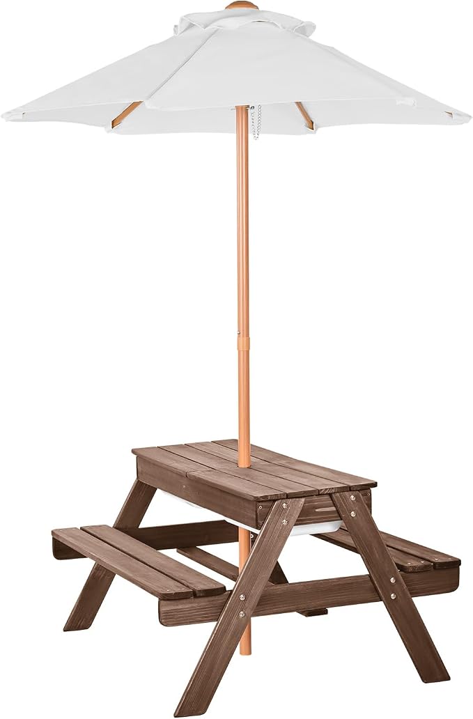 VEVOR Kids Picnic Table with Umbrella, 3-in-1 Sand & Water Table, Outdoor Wooden Table and Bench Set with 2 Trays, 4-People Patio Dining Furniture for Garden, Backyard and Porch (Walnut)