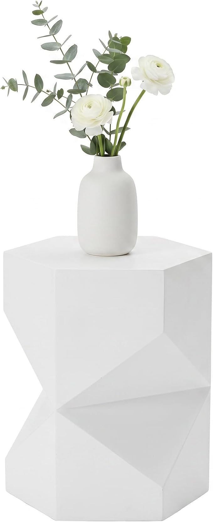 COSIEST MgO Concrete Side Table, 18 Inch Hexagonal Geometric Outdoor End Accent Table, All-Weather Patio Garden Stool, Modern Plant Stand & Coffee Table for Balcony Backyard, White, 1 Pack