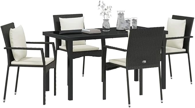 Afuera Living 5 Piece Patio Dining Set, Poly Rattan & Steel, Black Finish, Includes Cushions, Tempered Glass Tabletop, Seats 4, Modern Outdoor Dining Set for Garden, Patio, Backyard, Weather-Resistant