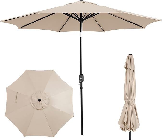 9FT Outdoor Patio Umbrella with Push Button Tilt and Crank, Market Umbrella, 8 Heavy-Duty Ribs, Outdoor Table Umbrella for Garden, Deck, Poolside & Backyard