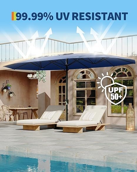 TrailBlaze 15ft Large Patio Umbrella with Base, Outdoor Rectangle Umbrella Double-Sided Market Umbrella with Crank Handle UV Protection Table Umbrellas for Backyard, Deck, Poolside and Garden