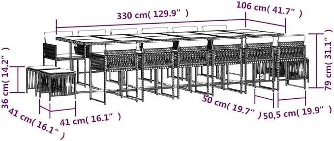 17-Piece Outdoor Dining Set, 16-Seater Garden Table and Rattan Chairs with Cushions for Patio Backyard Deck, Black and Cream