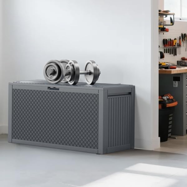 90gal Outdoor Garden Plastic Storage Deck Box Tools Lockable Seat (Grey)