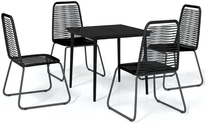 BOWERY HILL Contemporary 5-Piece Garden Dining Set, Powder-Coated Steel and PE Rattan, Black Finish, Tempered Glass Table, Weather-Resistant, Modern Patio Furniture for Outdoor Balcony or Terrace