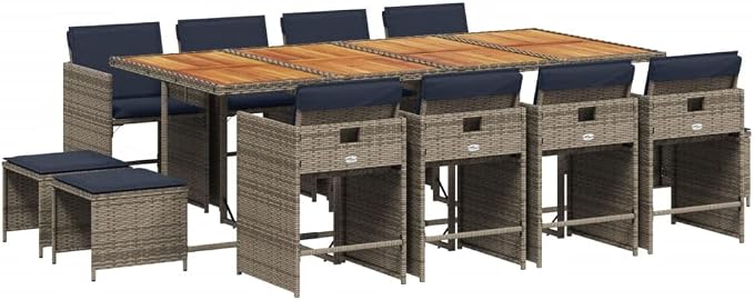 13 Piece Garden Dining Set, PE Rattan Patio Furniture with Table, 8 Chairs and 4 Stools, Space Saving Cube Design for Backyard, Grey