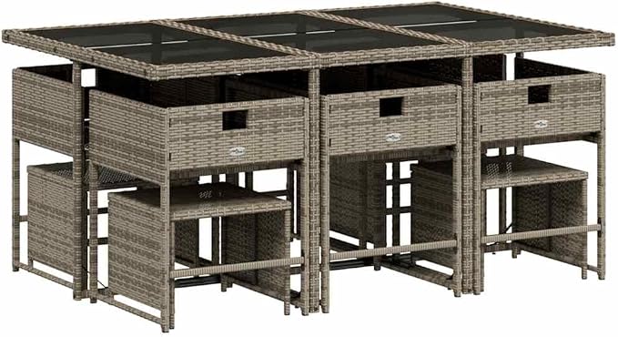 11 Piece Patio Dining Set with Cushions Gray Poly Rattan Outdoor Table and 6 Chairs with 4 Stools Folding Stackable Space Saving Comfortable Seating for Garden Backyard UV Proof Tempered Glass Top