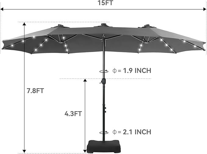 GREEN PARTY 15 ft Large Outdoor Patio Umbrella with Solar Led Lights & Base Included, Double-Sided Rectangular Table Umbrella with Stand, Market Umbrellas for Deck Poolside Garden Backyard, Smoky Gray