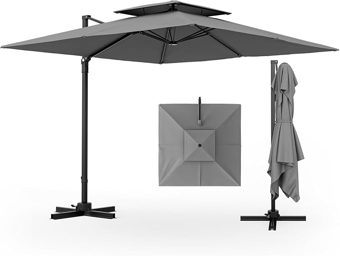 Tangkula 9.5 FT Cantilever Patio Umbrella, Outdoor Square Offset Umbrella with 360°Rotation, Double Top Heavy Duty Patio Hanging Umbrella with Cross Base for Garden Deck Pool Backyard (Grey)
